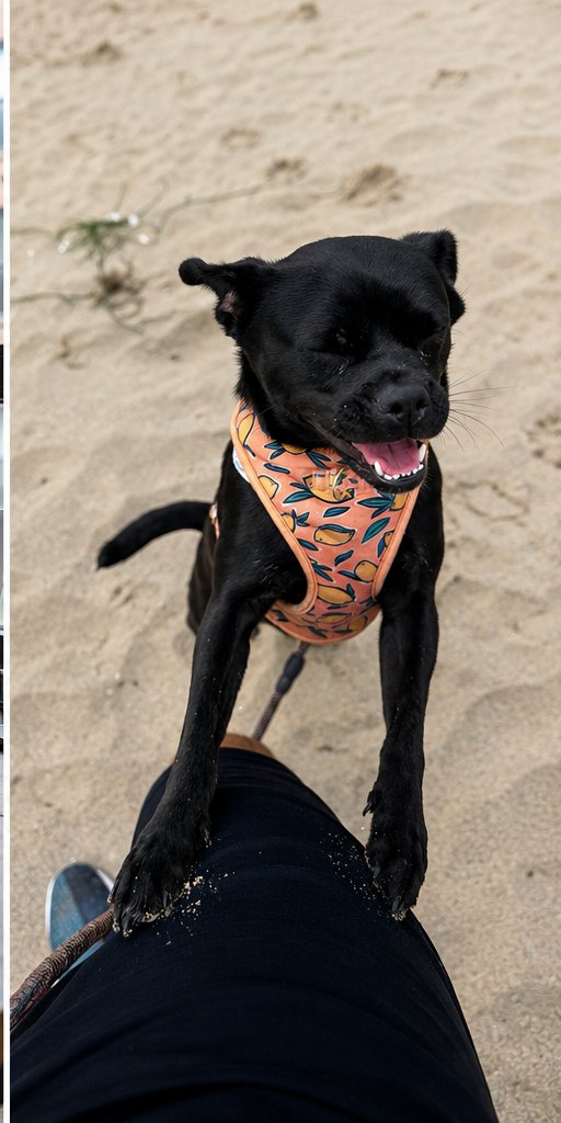 Eric Davis's dog on a beach walk, paws up on his knee