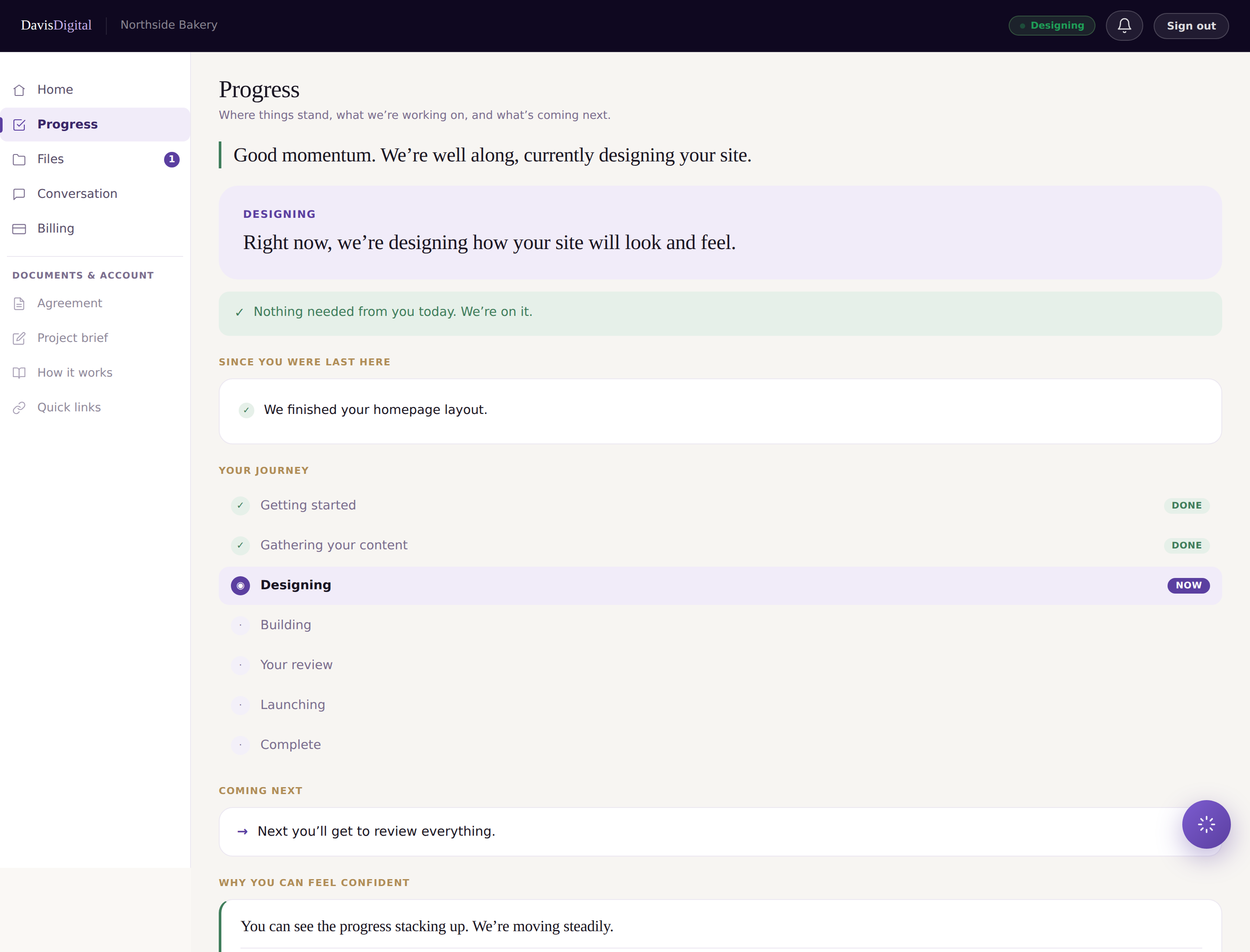 A client's view of their project progress in the Davis Digital Studio portal
